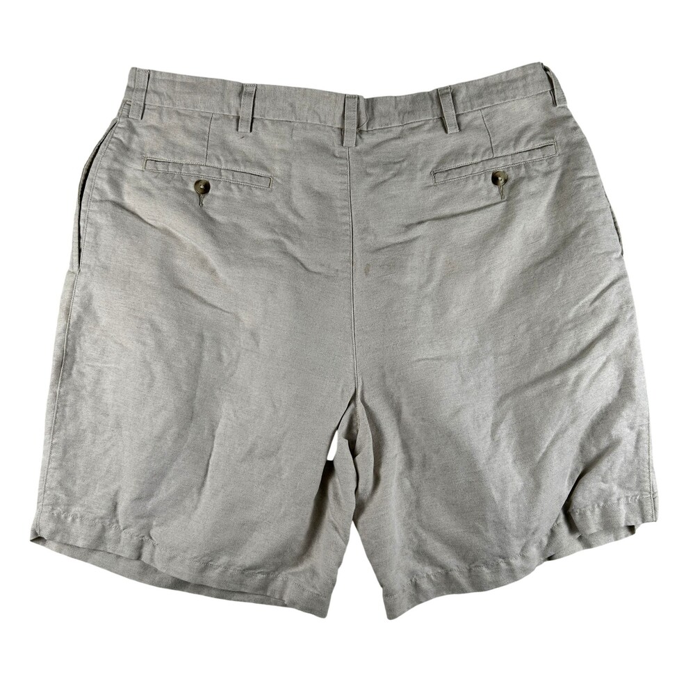 Roundtree & Yorke Chino Shorts Mens 38 Beige Linen Cotton Pleated Relaxed Fit